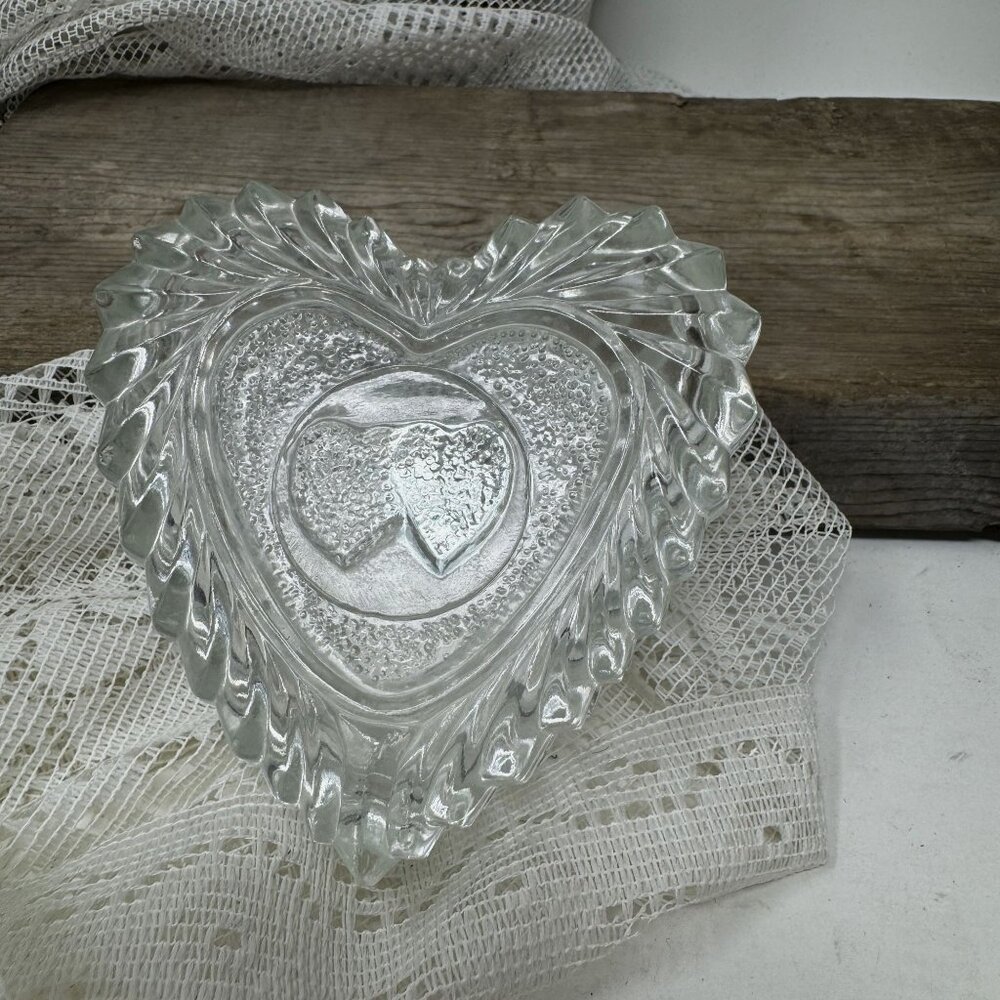 Clear Glass Heart Trinket Box Made in Romania Twin Hearts